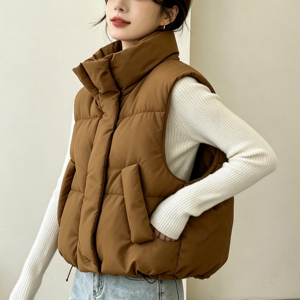 Gilet chauffant de mode coréenne pour femmes, automne-hiver, col montant, avec poches, veste chaude et élégante, veste courte sans manches, style doudoune.