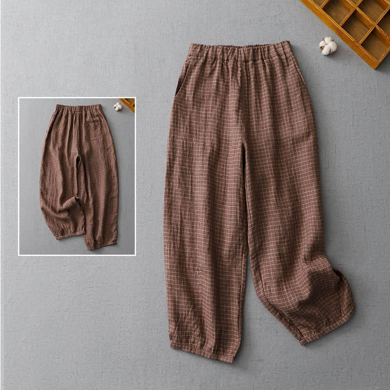 Pantalon en coton et lin à carreaux, ample, décontracté, Vintage, mode coréenne, Harajuku, vêtements pour femmes, Bloomers, lanterne, Baggy