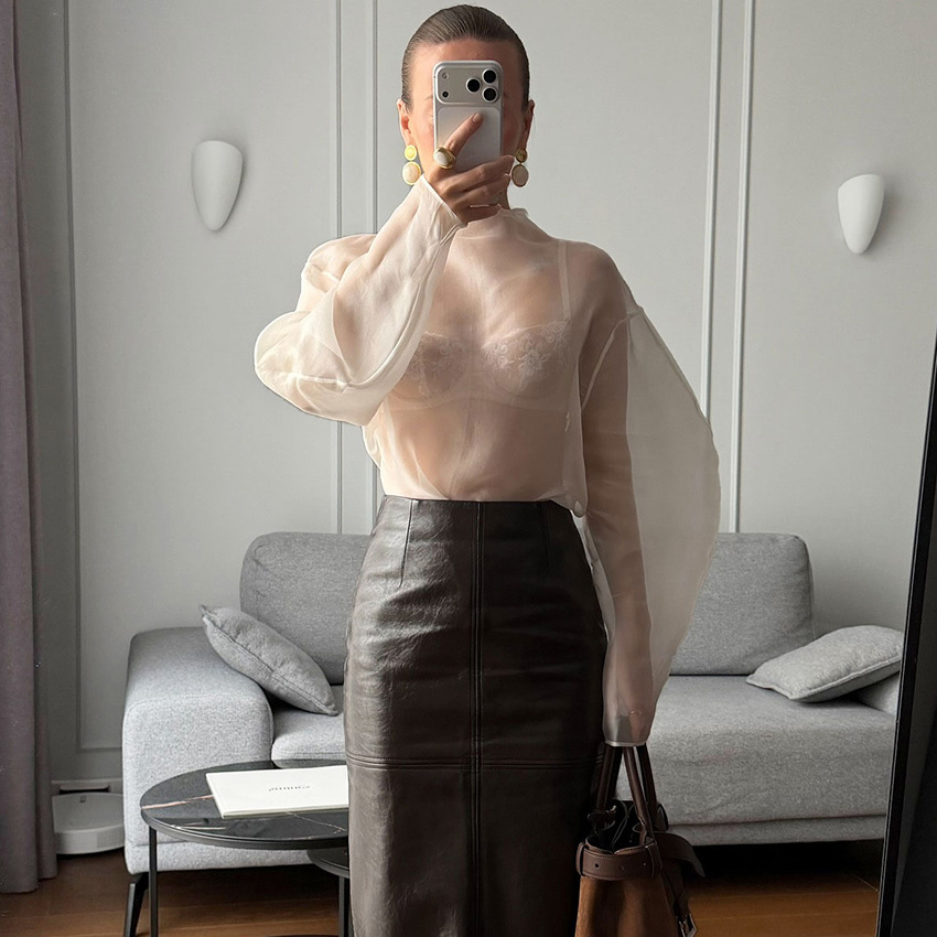 Lady Chic voir à travers la chemise courte décontracté solide col mi-haut à manches longues gaze recadrée Blouse 2026 femmes chemises de rue quotidiennes