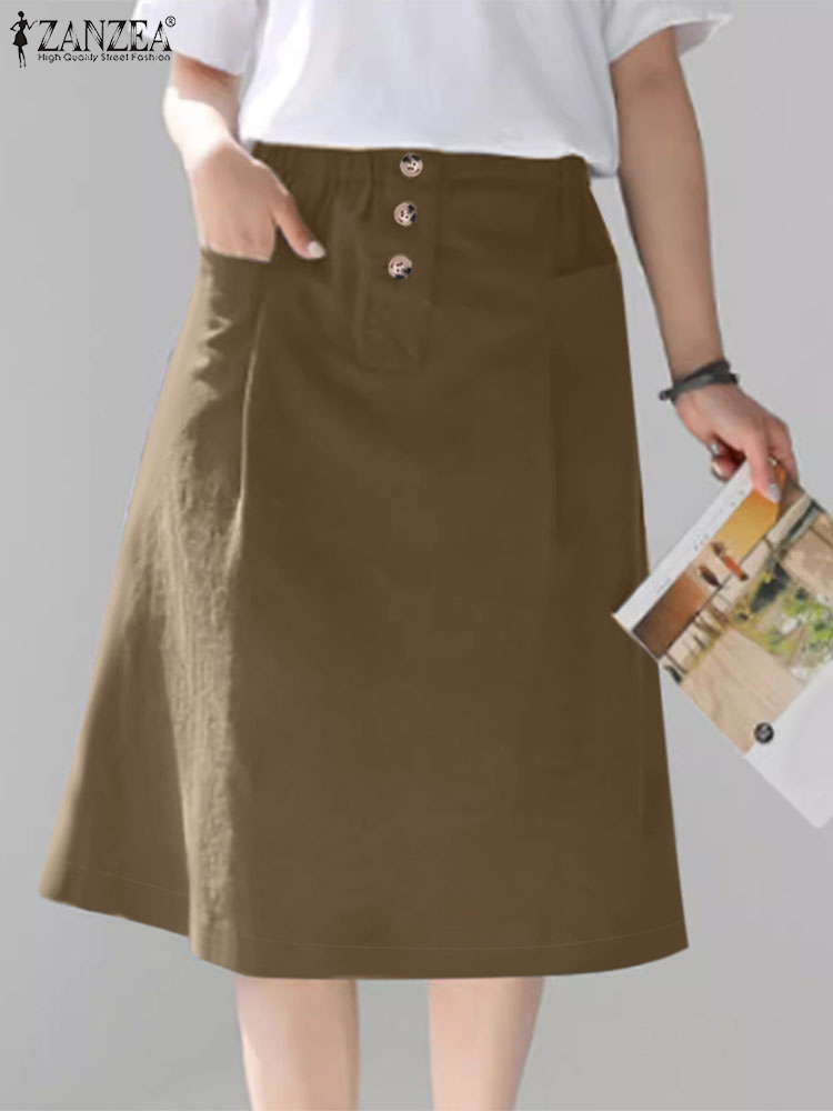 ZANZEA-Jupe trapèze longueur genou pour femme, élégante, couleur unie, décontractée, élastique, taille haute, 03/2024