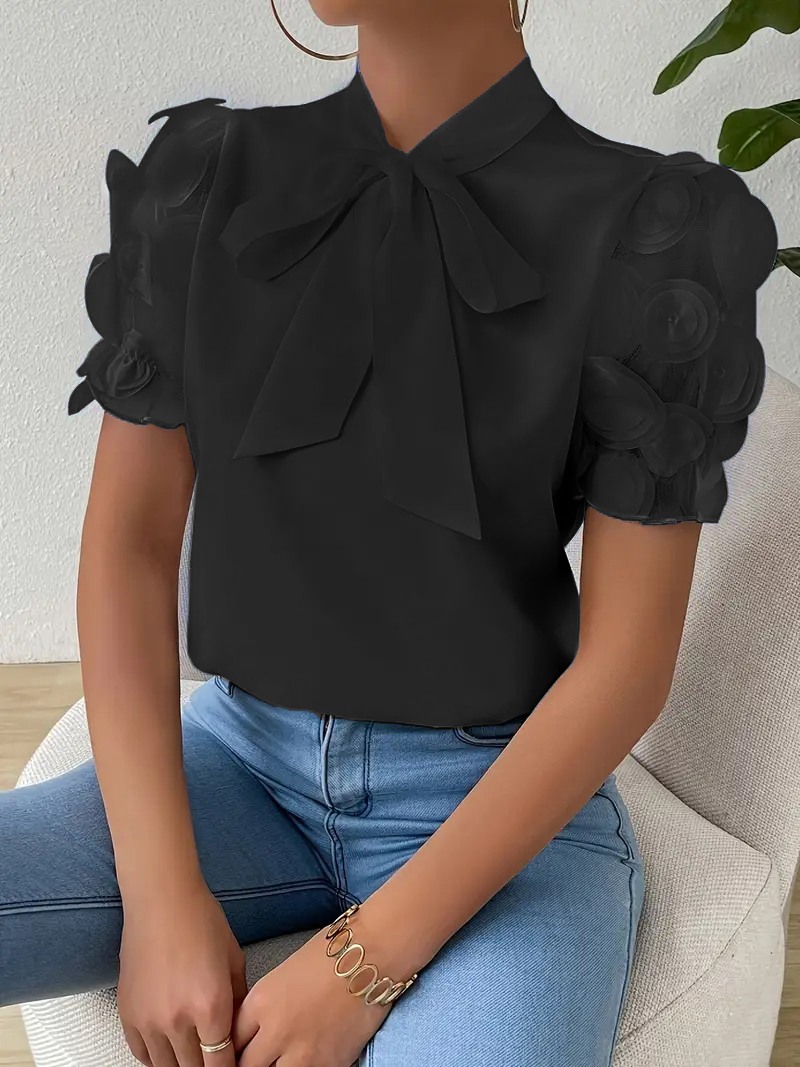 Chemisiers pour femmes à la mode col rond maille Patchwork chemisier à manches courtes avec cravate au cou manches courtes hauts T-shirts