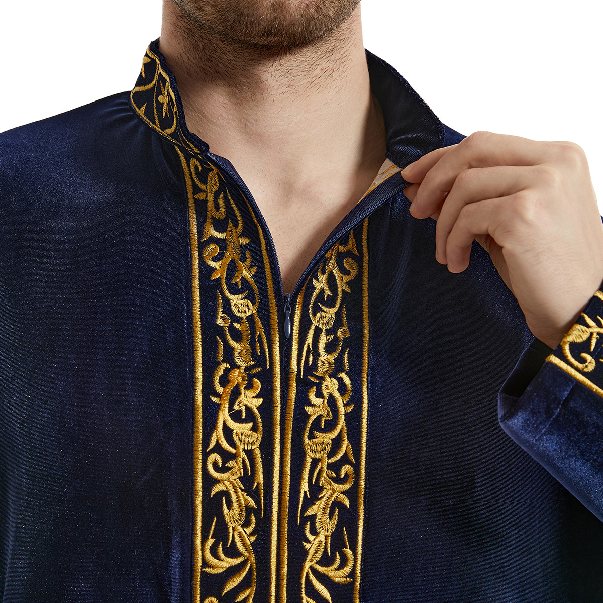 Robe musulmane du Moyen-Orient pour hommes, robe brodée en velours doré, robe de prière islamique arabe, costume national, haut à manches longues de luxe noble