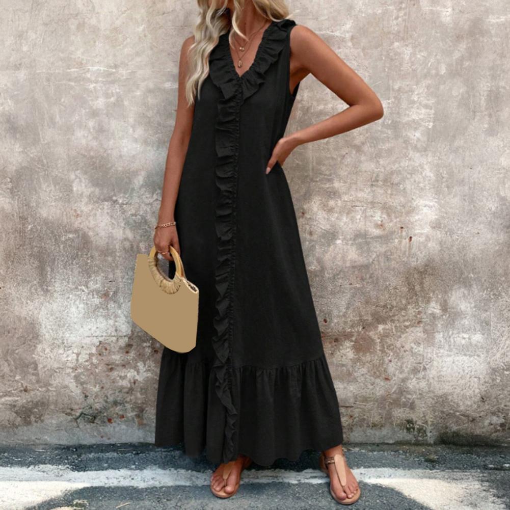 Robe longue en coton et lin pour femmes, à volants, décontractée, sans manches, col en v, tunique, débardeur, plage, balançoire, été