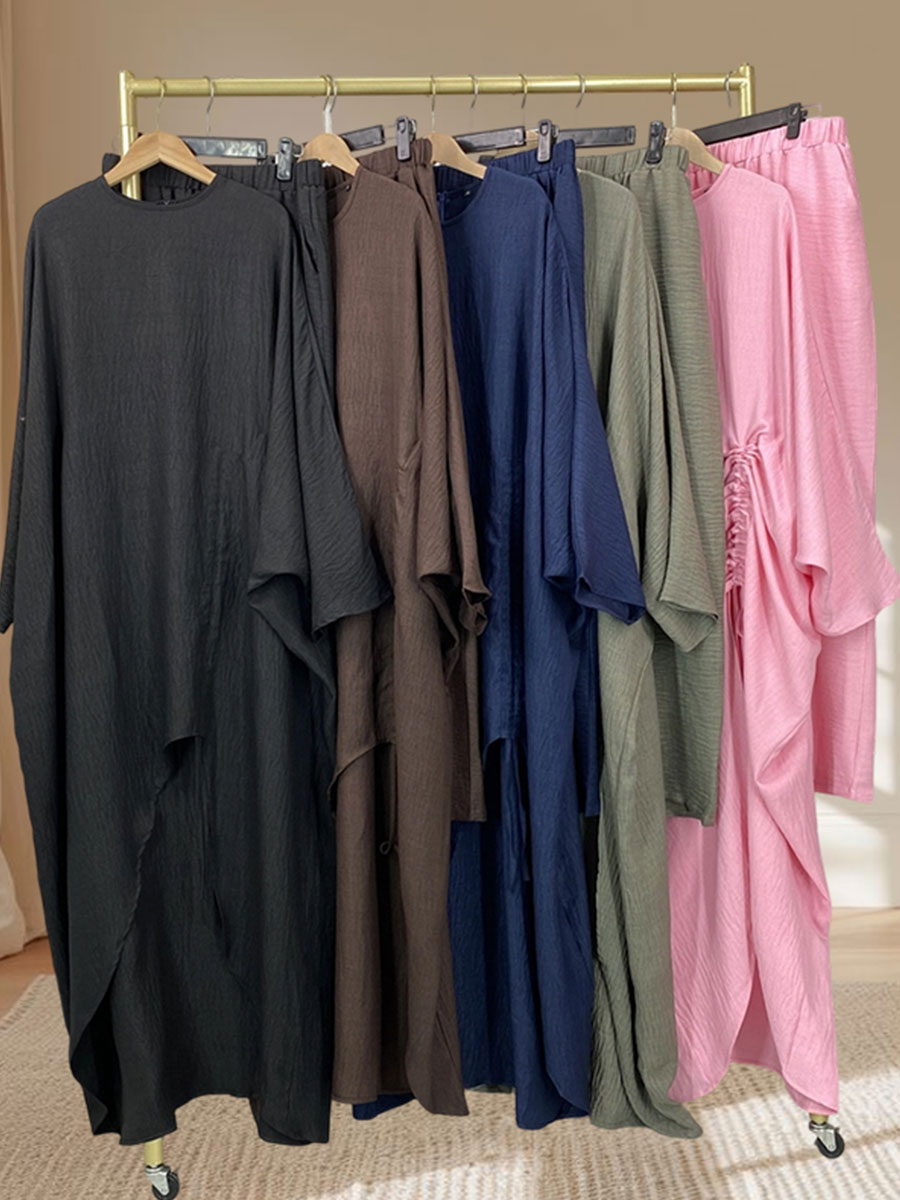 Ensemble Abaya Modeste 2 Pièces, Robe Kaftan Longue Fendue à Volants et Pantalon à Jambes Larges, Tissu Plissé, Tenue pour Femmes Musulmanes