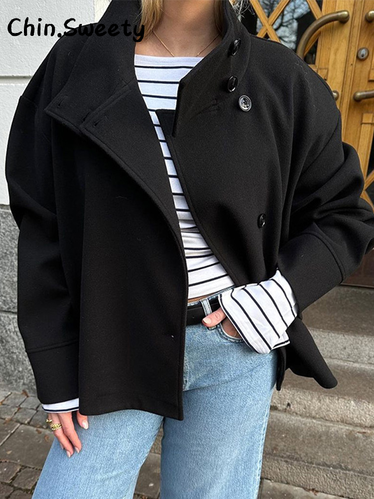 Manteau chic pour femme, style streetwear, à manches chauve-souris, avec ceinture, coupe ample, couleur unie, col montant, simple boutonnage, automne 2026, polyvalent