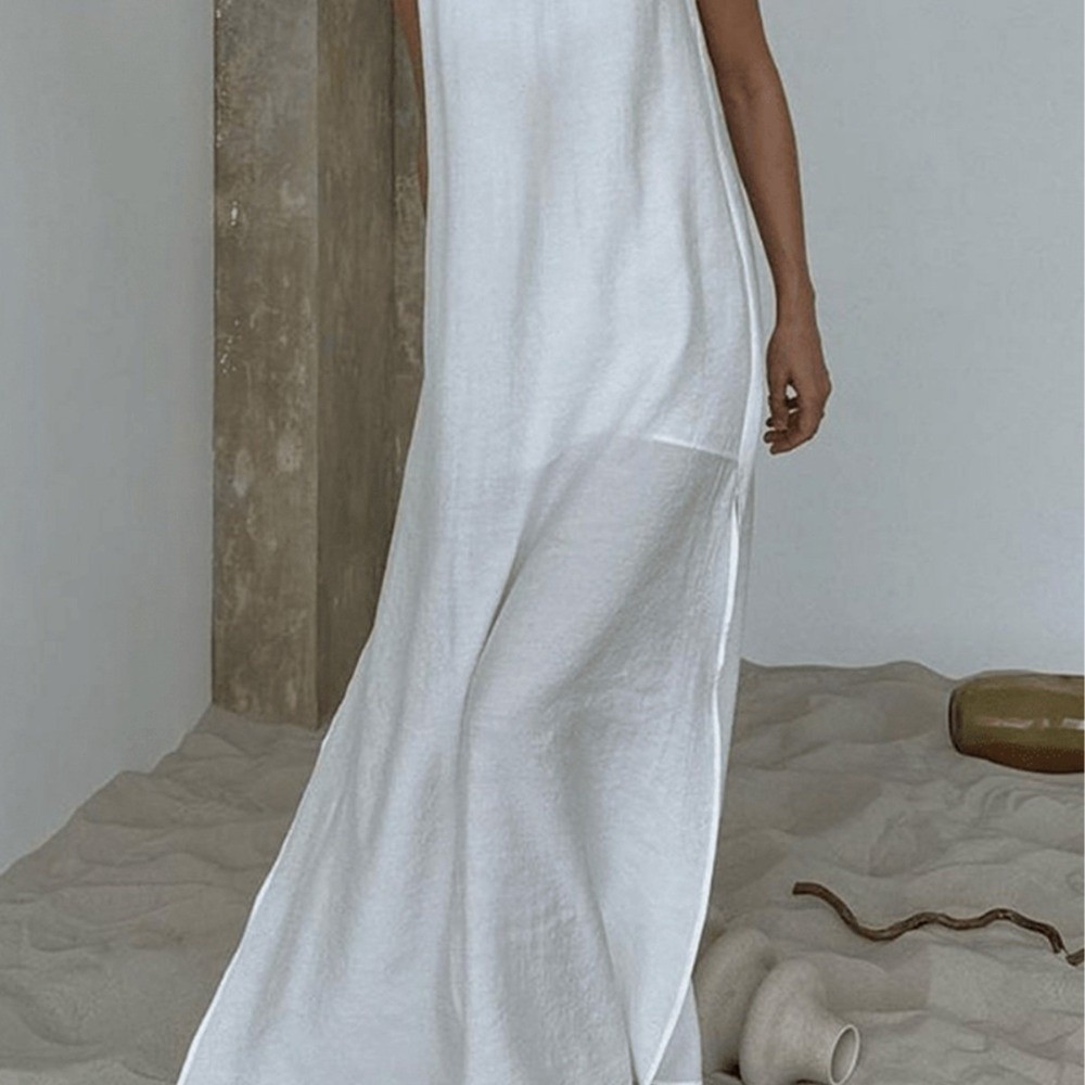 Robe longue décontractée à col en V, sans manches, dos nu, blanche, coupe droite, pour femme, été