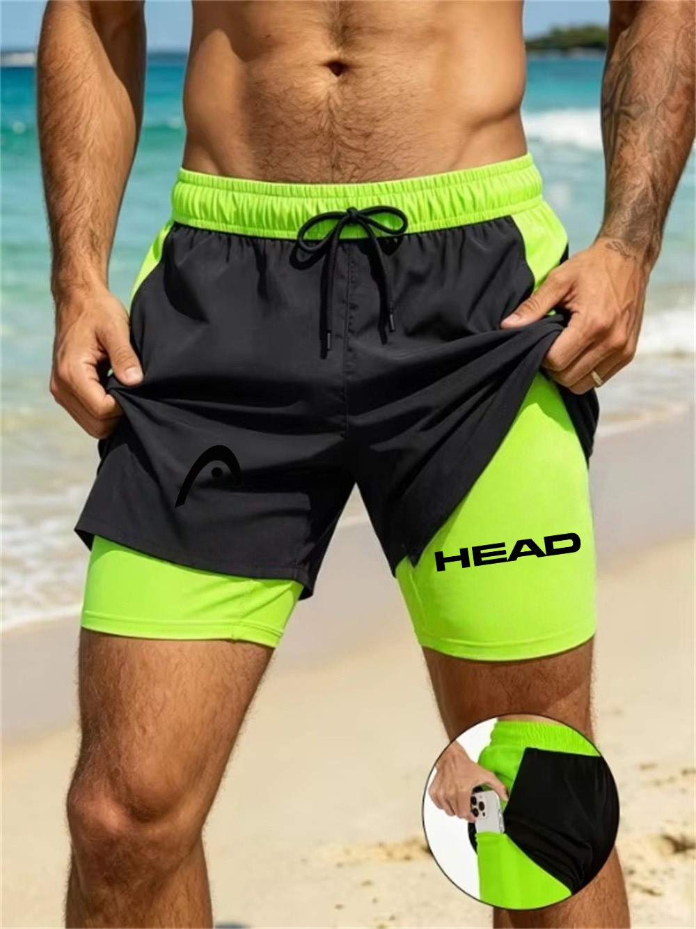 Shorts de sport d'été pour hommes, pour le surf, extensibles, à séchage rapide, amples et respirants, à double couche