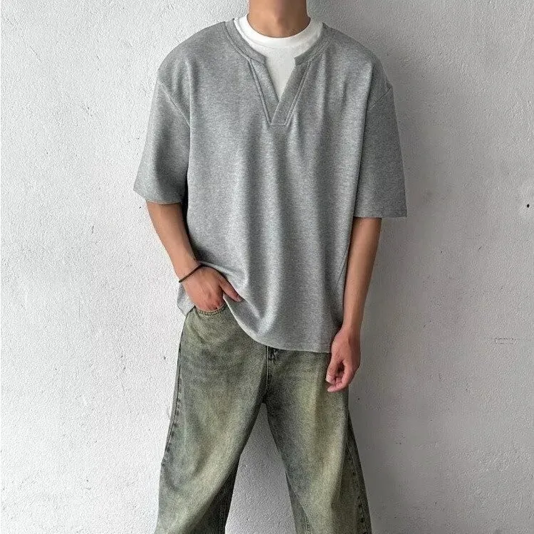 T-shirt pour homme style coréen, faux deux pièces, col en V, tissu épais, coupe ample, décontracté, manches courtes