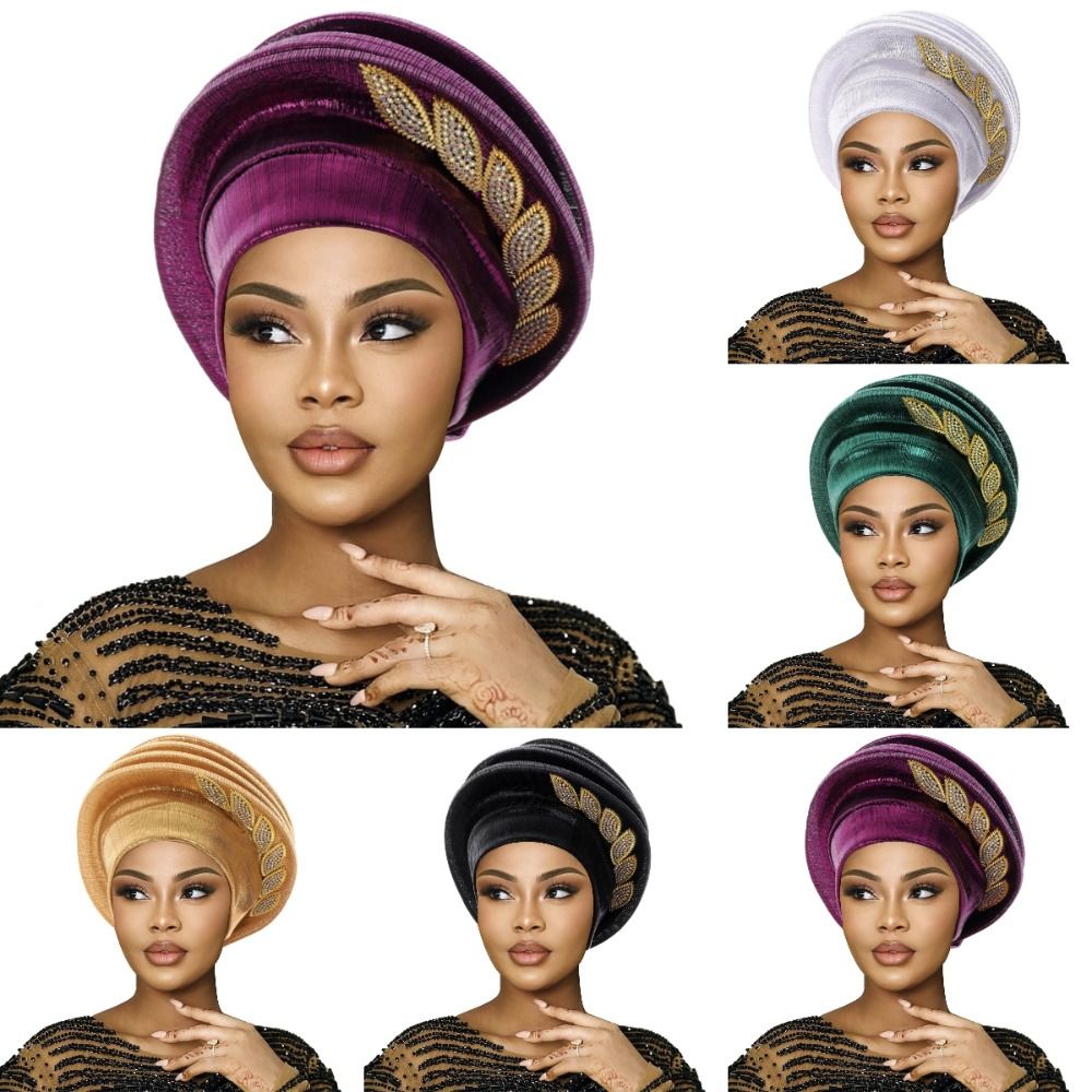 Turban Béret Spirale Léger et Respirant avec Motifs Feuilles et Diamants, Style Luxe Africain, Coiffe Nigériane pour Femme
