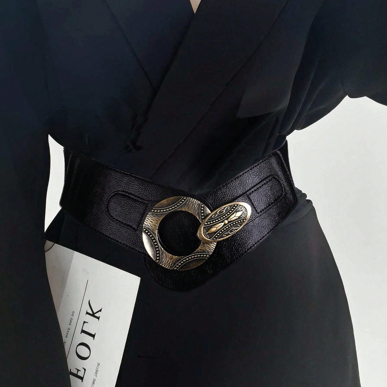 Ceinture large pour femme en cuir avec boucle en métal doré rétro, ceinture à boucle entrelacée pour robe, combinaison et manteau