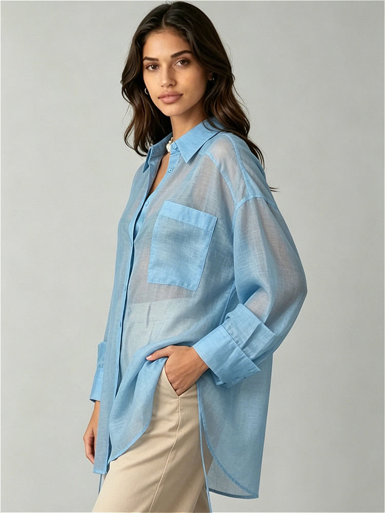 Chemisier ample bleu tendance 2026 pour femme, chemise élégante à revers et manches longues, hauts classiques unis, vêtements féminins
