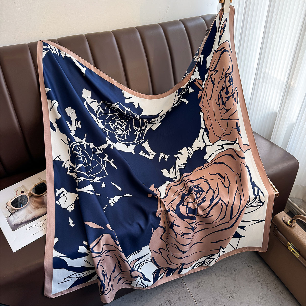 Foulard hijab imprimé roses 90x90cm pour femme, en satin de soie, bandeau, foulard pour cheveux, châle carré, bandana pour femme