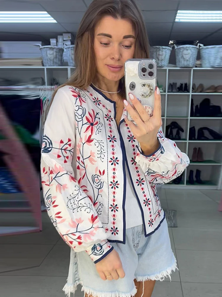Manteau à col rond à imprimé floral pour femmes, cardigan à manches longues bouffantes, veste de rue chic pour dames, vêtements de vacances, début de l'automne, mode, 2024