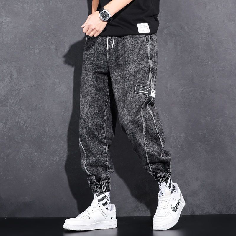 Jean en Denim ample à taille élastique pour hommes, mode décontractée, vêtements de travail de printemps, pantalon noué au pied avec marque, vêtements de travail, Baggy, 2024