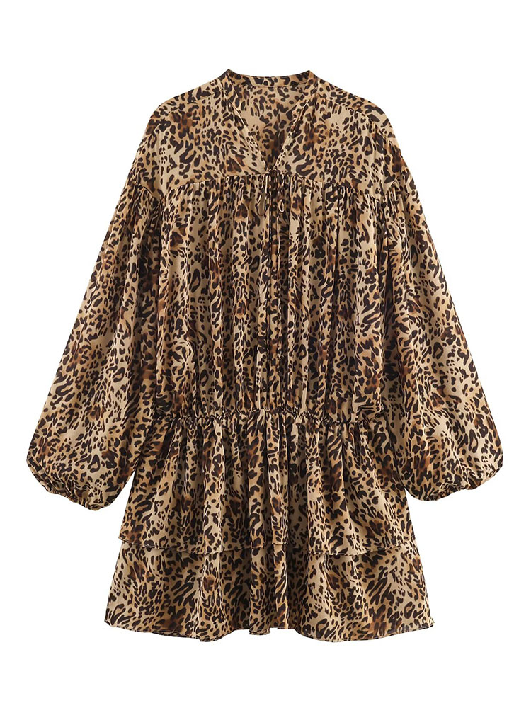 HH femmes mode col en V léopard imprimé Animal couches robe décorative femme Sexy à manches longues à lacets fête Mini robe Mujer