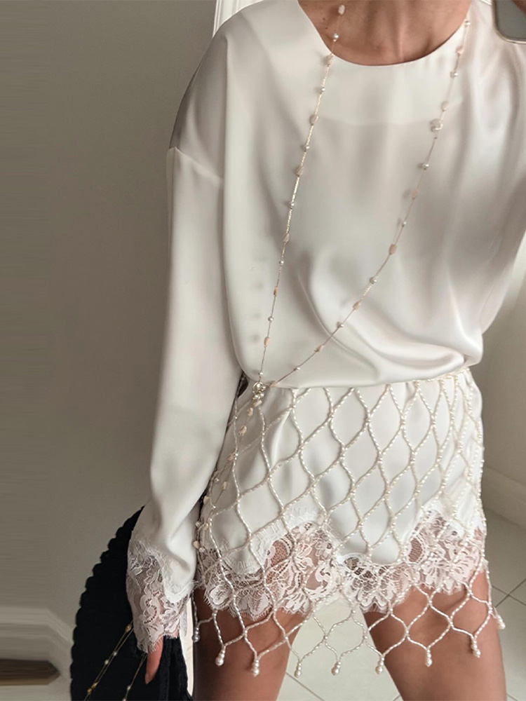 Robe courte à manches longues avec empiècements en dentelle, col rond, couleur unie, robes chics minimalistes, nouvelles mini-robes pour femmes