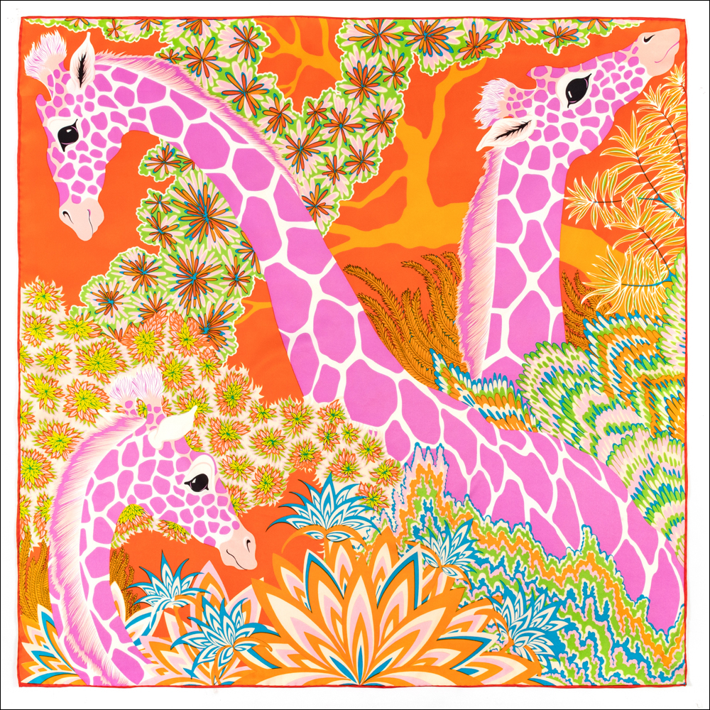 The Three Graces Foulard de marque de luxe avec imprimé Girafe pour femmes, écharpe carrée en soie 90x90, 100% soie naturelle, pour cheveux