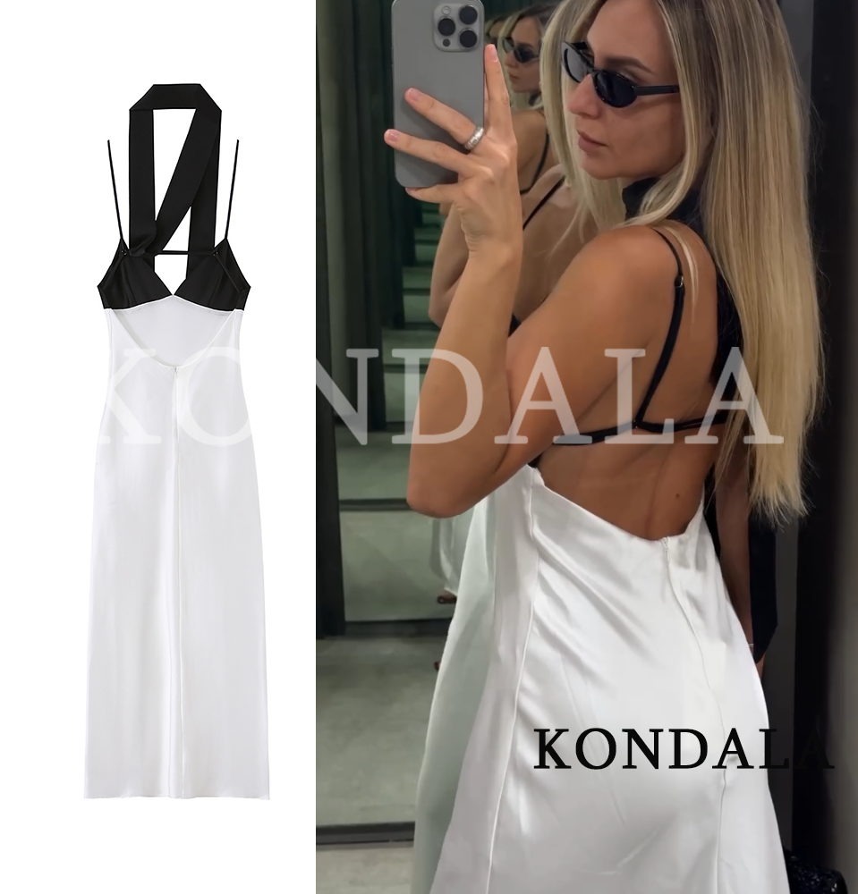 Robe longue élégante et chic KONDALA pour femme, col foulard, nouvelle collection été 2026, tendance, pour soirée ou vacances, en satin, coupe ajustée, à fines bretelles