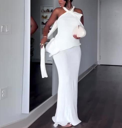 Robes pour femmes Printemps 2026 Nouvelle collection – Robe longue moulante élégante à col suspendu, couleur unie, dos nu, coupe ajustée, style sexy et raffiné