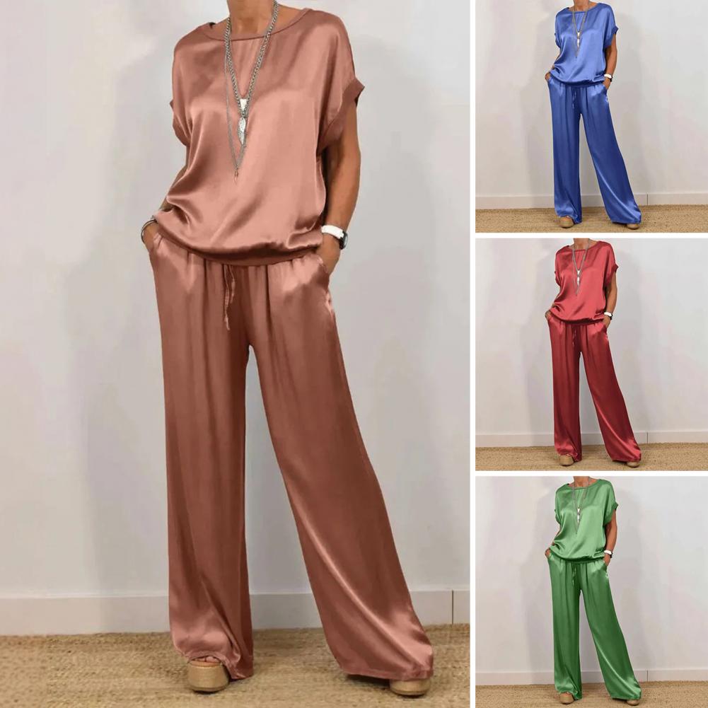 Ensemble deux pièces pour femmes en satin simple, mode estivale, chemisier ample à manches courtes, pantalon à jambes larges, tenues décontractées pour femmes