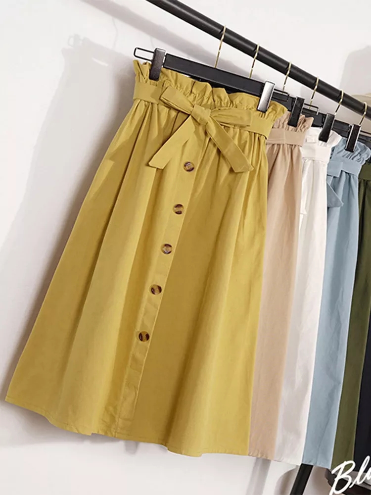 Été automne jupes femmes Midi genou longueur coréenne élégant bouton taille haute jupe femme plissée école jupe