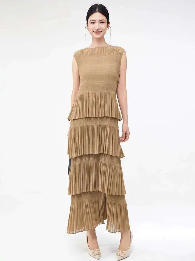 LANMREM-Robe gâteau plissée pour femmes, col rond, fibre, mode élégante, robes longues polyvalentes, été, nouveau, 2DEdisparies, 2025