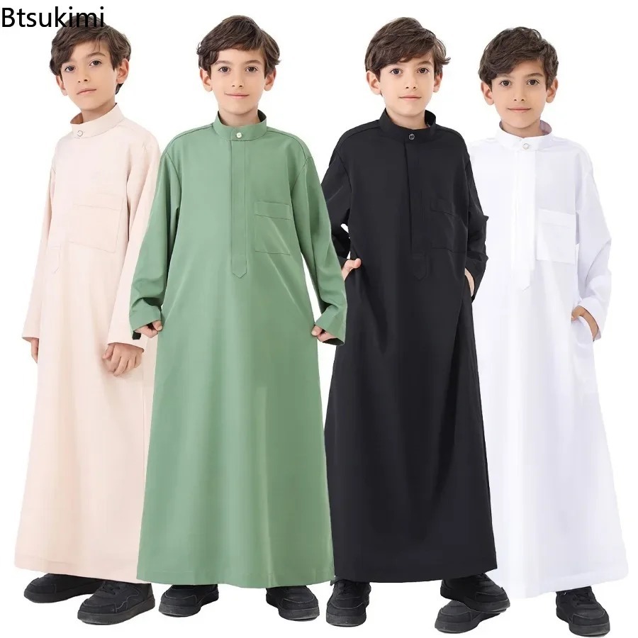 Robe caftan à manches longues pour enfants musulmans, vêtements pour garçons, mode, couleur unie, arabe, islamique, Thobe, Pakistan, marocain
