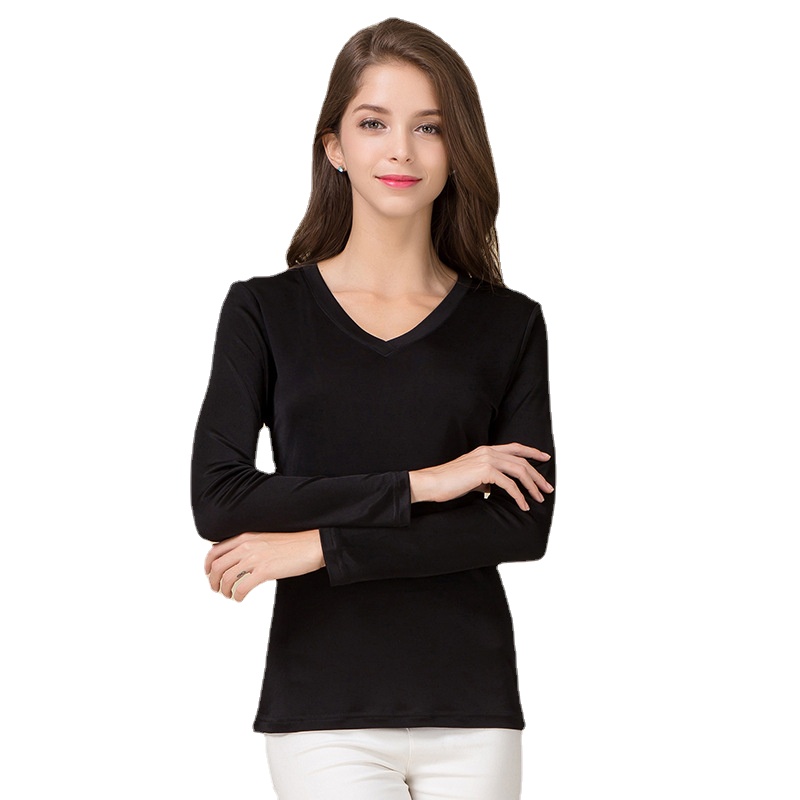 Femmes véritable soie à manches longues T-shirt décontracté tricoté chemises confortable respirant lâche T-shirts hauts T-shirts 61057
