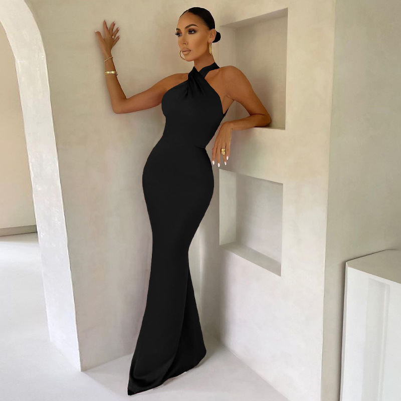 Robes de soirée élégantes pour femmes – Robe longue élégante à col halter et torsion sur le devant, coupe ajustée pour soirée
