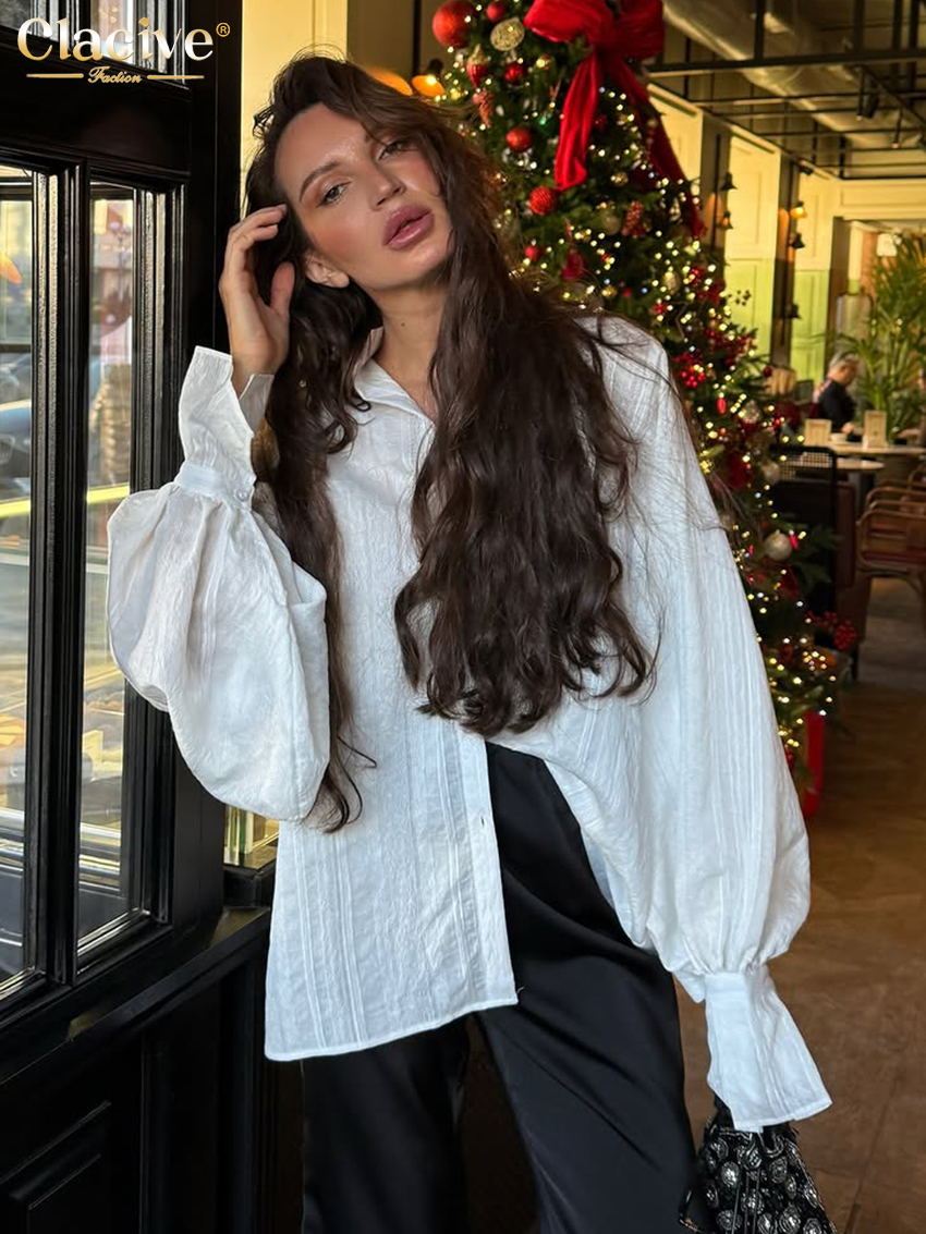 Clacive mode ample blanc coton femmes chemise 2025 décontracté revers à manches longues chemises élégant classique solide haut femme vêtements