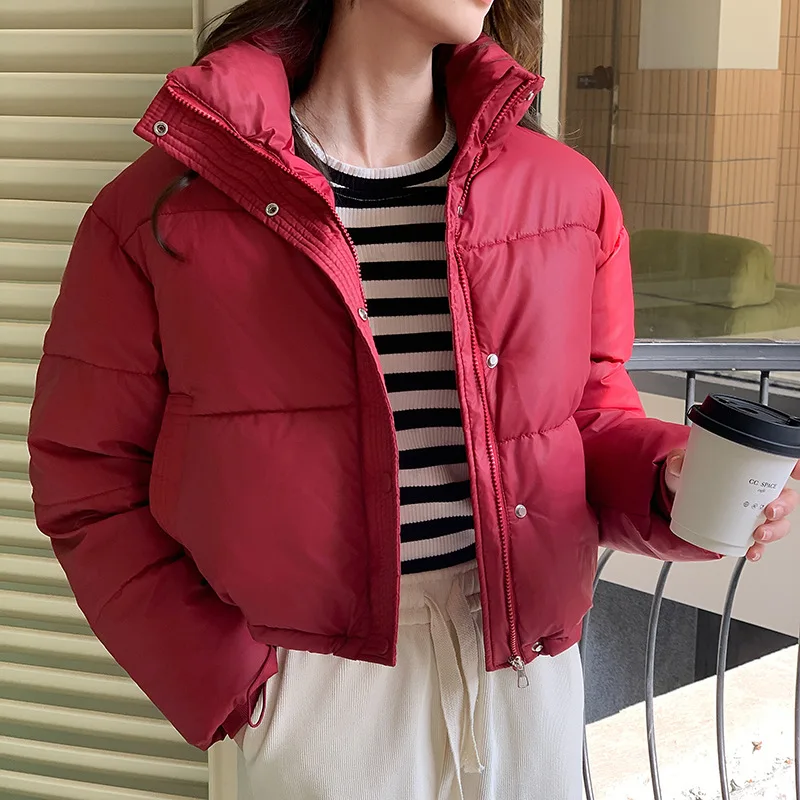 Veste courte d'hiver pour femmes, vêtements chauds, bouffants courts, légers et chics, col montant, veste rembourrée en coton pour étudiantes, nouvelle collection
