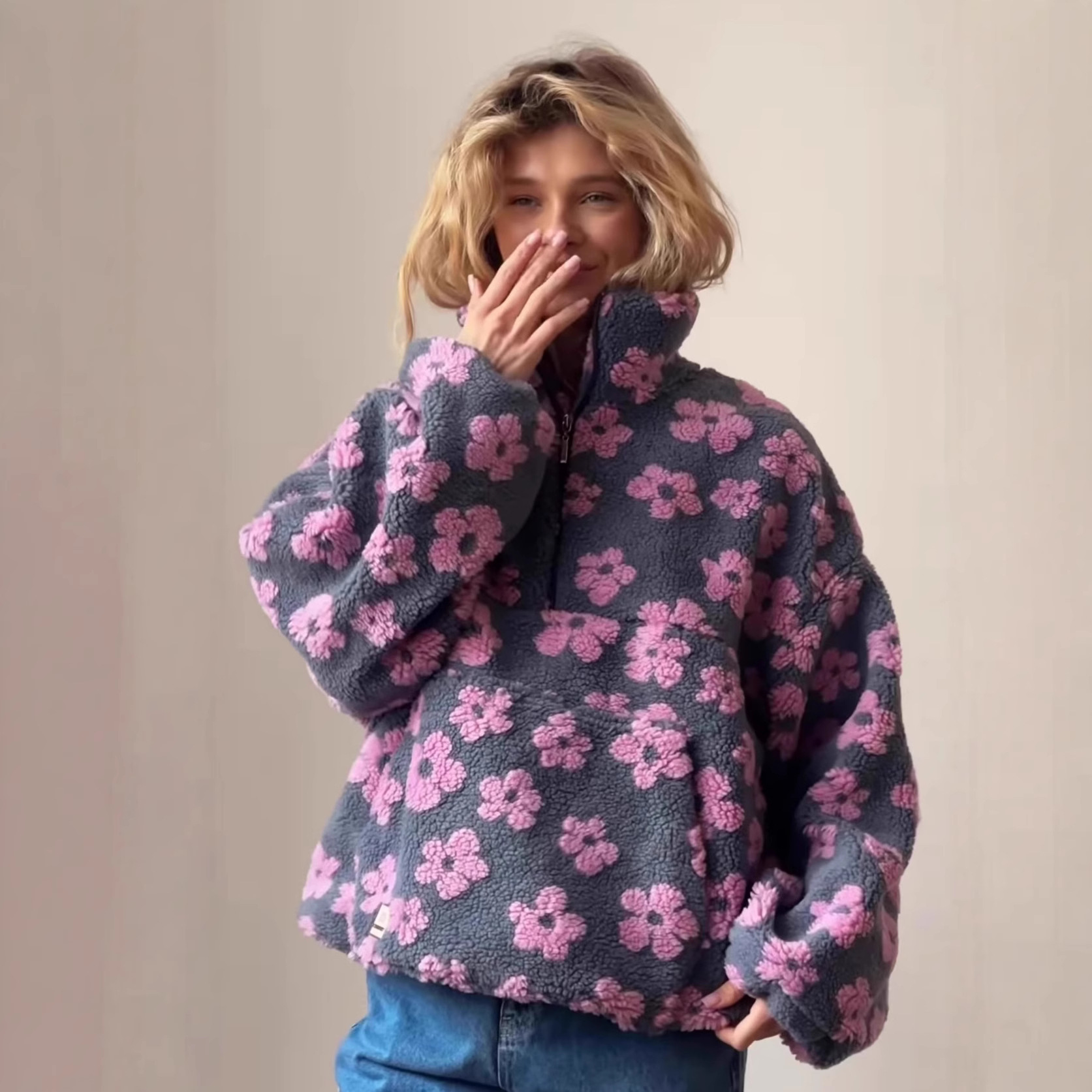 Vêtements d'extérieur pour femmes, nouvelle collection automne/hiver 2025: sweat à capuche en faux peau de mouton à fermeture éclair surdimensionné à fleurs doublées de polaire