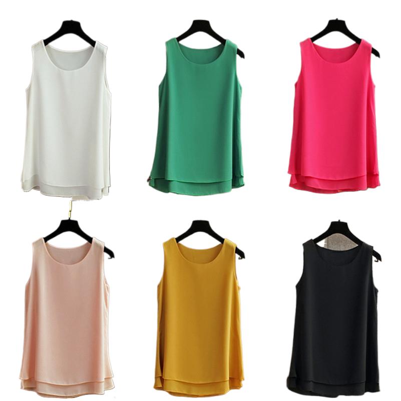 Débardeur Femme Blanc Bleu Rouge en Chiffon – Hauts d'Été Sans Manches Col Rond – Chemises et Gilets pour le Bureau – Vêtements Tendance Féminins