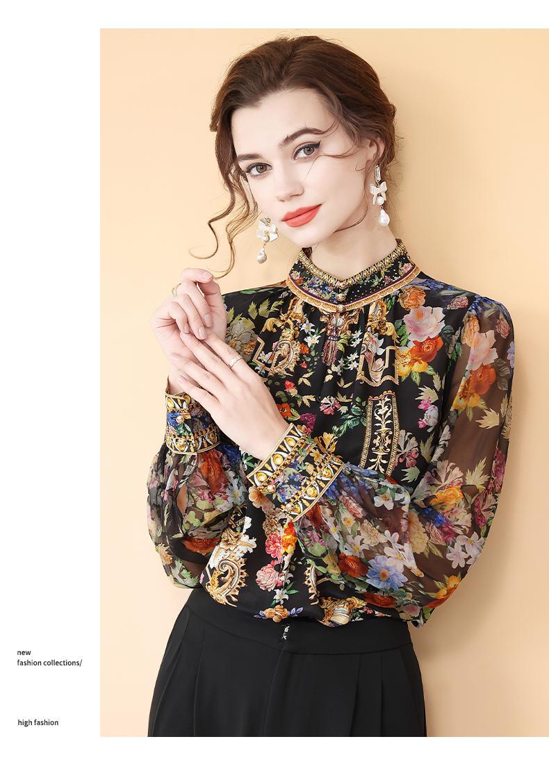 Chemise à manches longues à col montant pour femme, pull élégant, haut polyvalent, imprimé rétro, simulé, nouveau style, printemps 2025