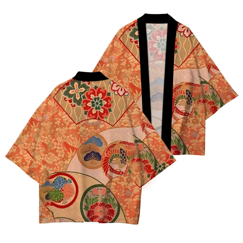 Vêtements traditionnels japonais de haute qualité, kimono décontracté ample, motif vague soleil rouge imprimé, protection UV estivale, kimono S-5XL