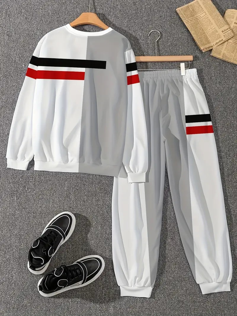 Le nouveau ensemble de sweat-shirt à col rond pour hommes pour le printemps et l'automne 2025 présente une impression de motifs rayés 3D décontractés et confortables