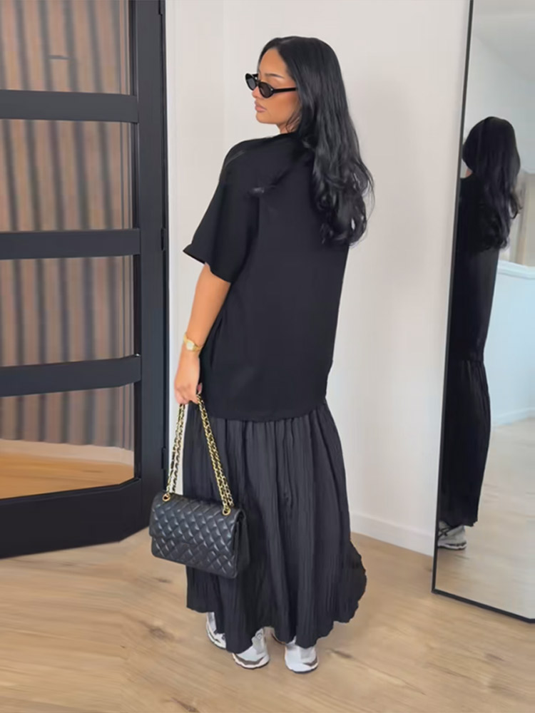 Nouvelle Robe Longue Décontractée pour Femme, Col Rond, Manches Courtes, Style Patchwork, Couleur Unie, Coupe Ample, Collection Printemps 2026
