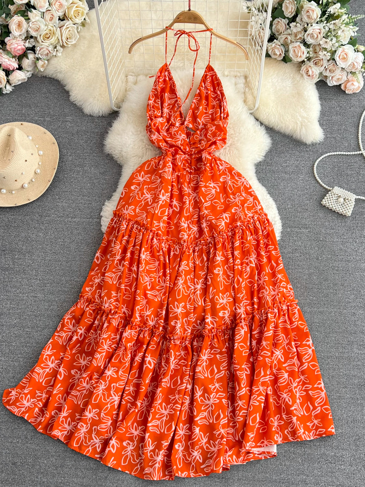 Robe Longue de Plage pour Femme, Tenue de Soirée Sexy, Col en V, Dos aux, Imprimé Floral, Orange, Style Boho