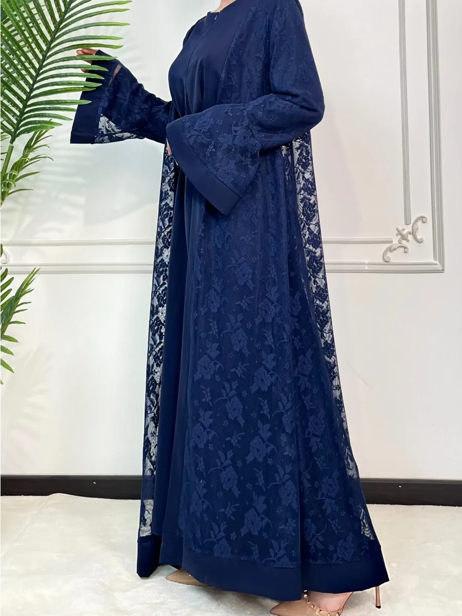 Robe intérieure en dentelle pour femmes, manches évasées, caftan long, Djellaba, robe de soirée de Dubaï, Ramadan, prière de l'Aïd, ensemble de 2 pièces, 2024