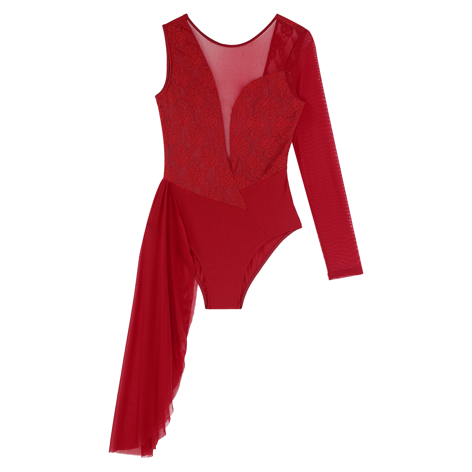 Justaucorps de danse lyrique pour femme, maille transparente, manches longues, dentelle florale, dos en V profond, costume de batterie pour la compétition de performance de patinage artistique