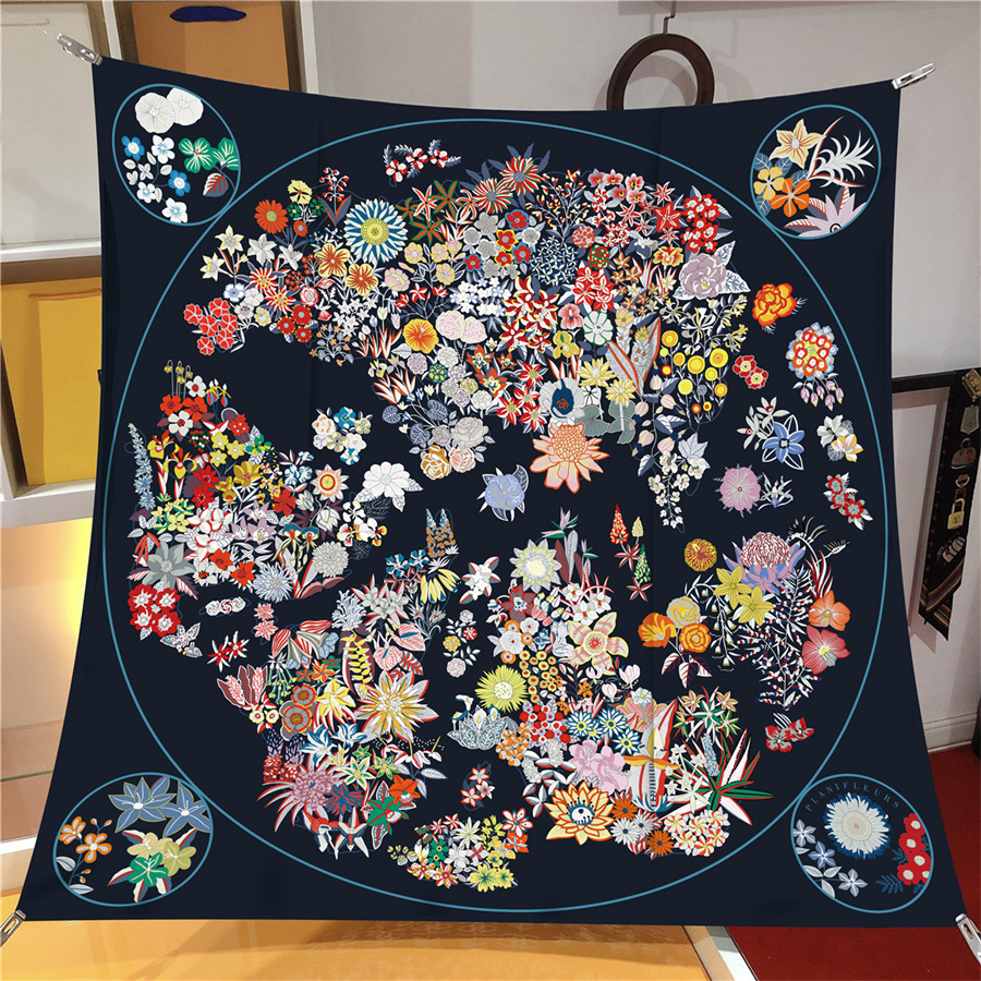 Foulard en soie sergé châle marque de luxe fleurs plantes imprimer Foulard carré femmes Hijabs Bandana Foulard foulard foulards de tête 90 cm