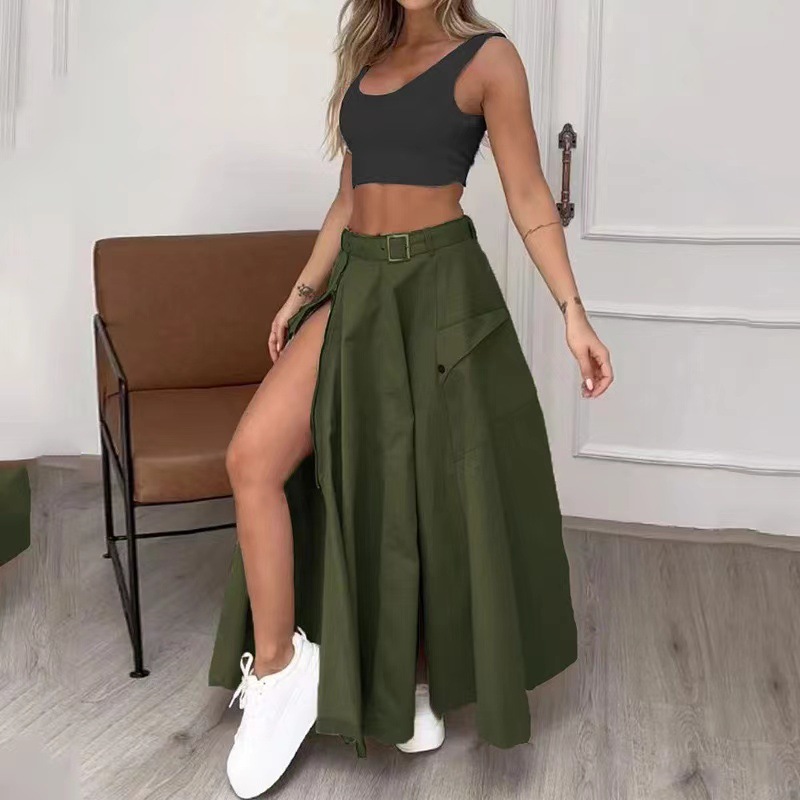 Jupe Longue de Couleur Unie avec Poches Avant et Fermeture Éclair pour Femme, Streetwear, Slim, Taille Haute, Décontracté, Safari, à la Mode, Printemps Été 2025