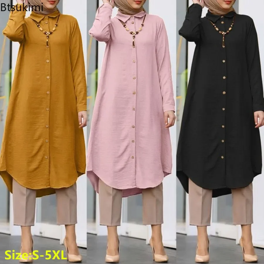 2026 saoudien arabe femmes musulmanes à manches longues Blouse décontracté chemise ample robe tunique Blusas femmes hauts maroc turc solide Chemise