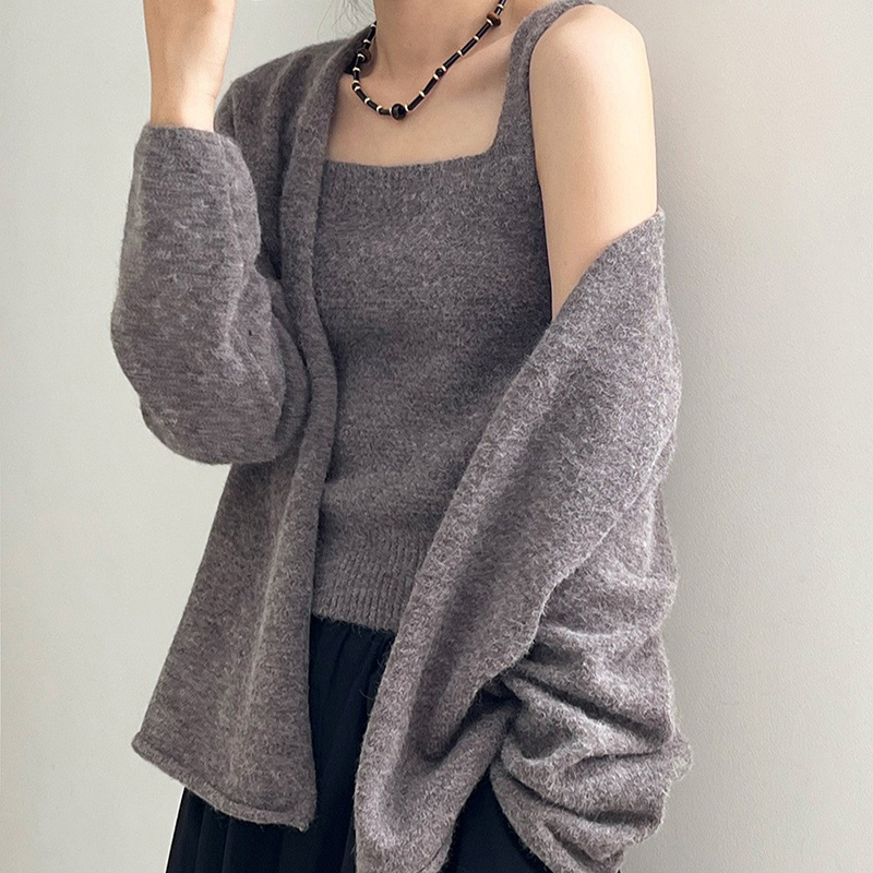Ensemble cardigan et débardeur en tricot uni style coréen pour femme – Pull décontracté à épaules tombantes, vêtement d'extérieur doux et ample pour l'automne et l'hiver