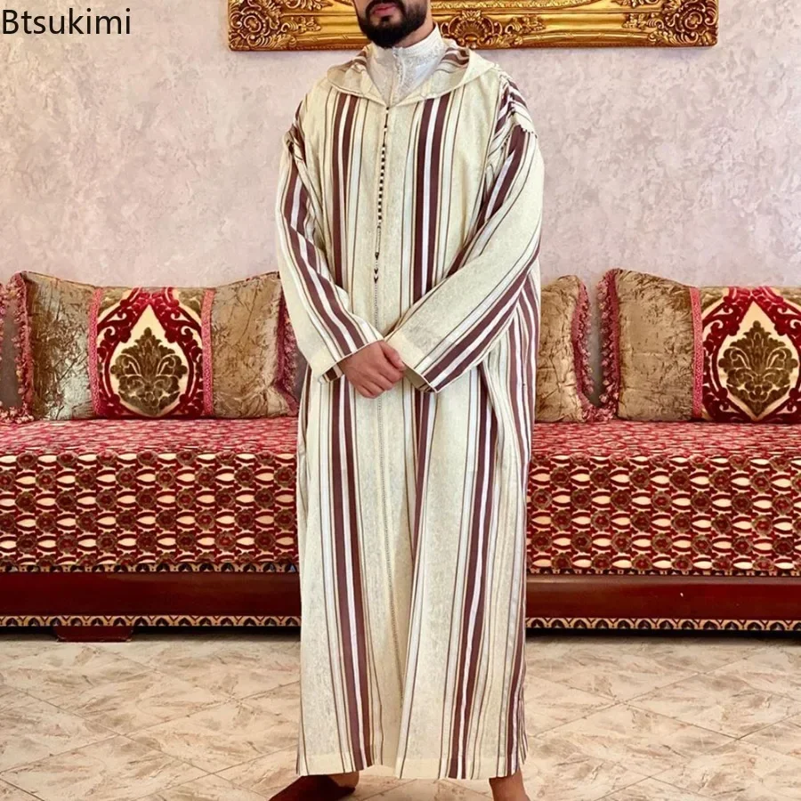 Robe longue décontractée pour hommes musulmans, vêtements islamiques, caftan, marocain, arabe, rayé, Costume National du moyen-orient, nouvelle collection 2026