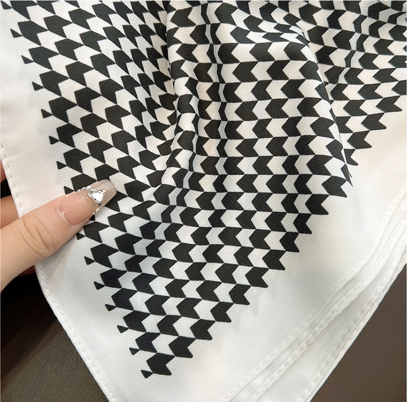 Écharpe carrée de luxe à motif pied-de-poule 90*90cm pour femmes, châle doux pour le cou, foulard élégant, bandana, faux hijab en soie pour les voyages