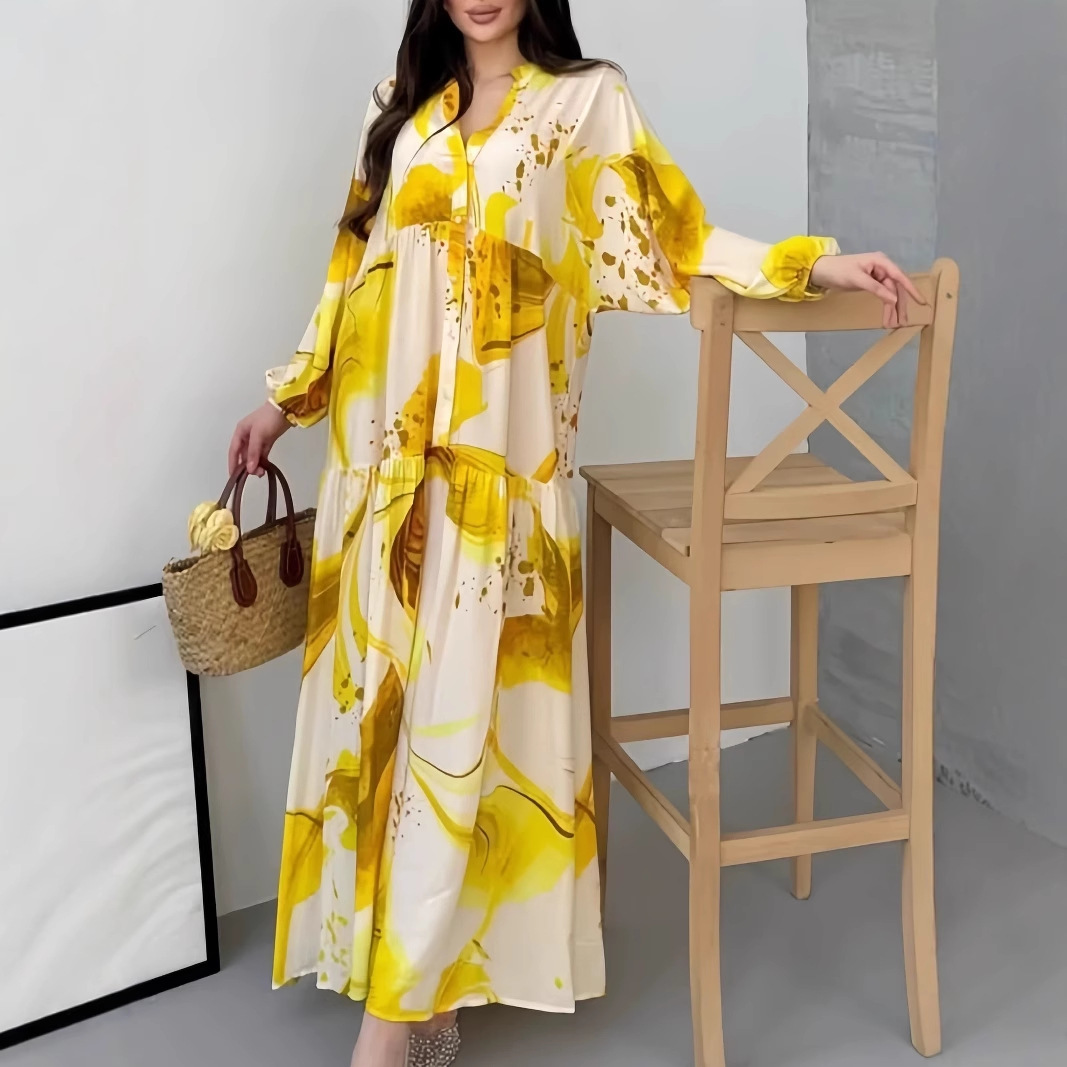 Robe longue élégante à imprimé Floral pour femmes, automne-hiver, manches longues, col en v, ample, Maxi, Robes décontractées, 2025