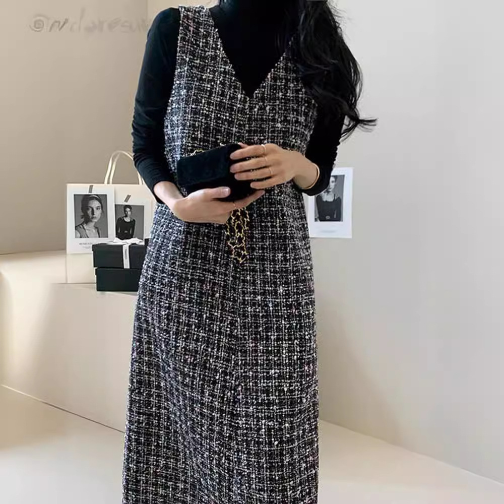 Robes en Tweed pour femmes, col en V japonais, paillettes assorties avec tout, mode coréenne, vêtements chics, automne 2026