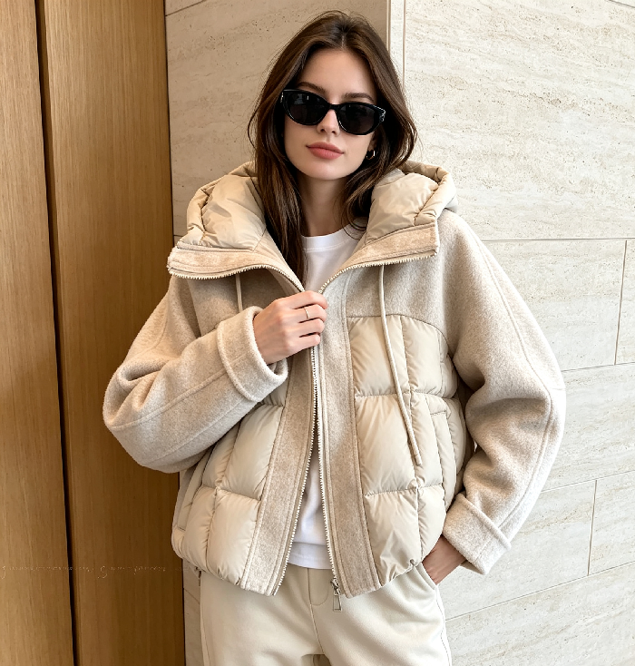 Veste courte matelassée en coton pour femme avec capuche à cordon de serrage, empiècements en tissu et fermeture éclair – Idéale pour les trajets quotidiens