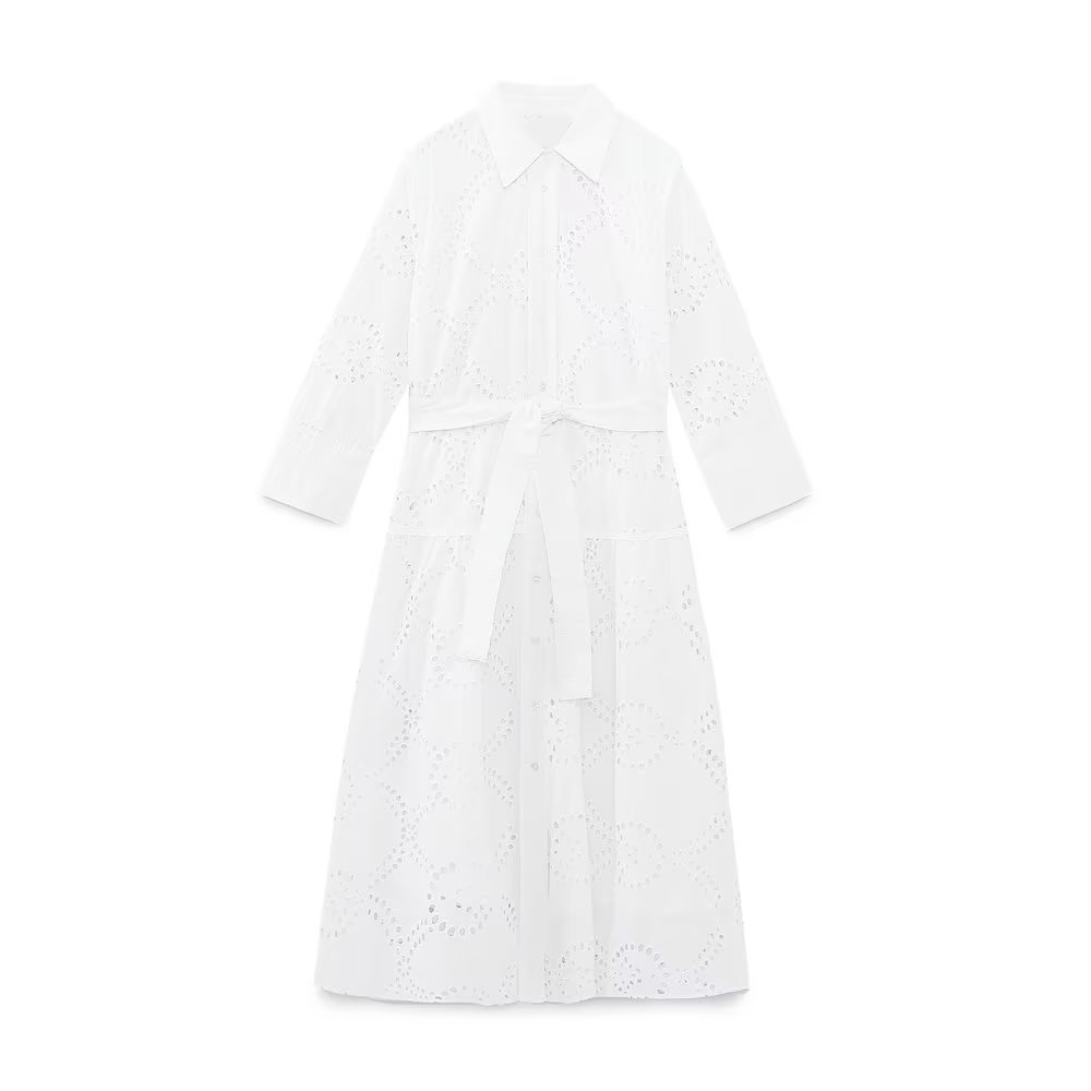 Robe blanche brodée élégante pour femmes, Chic, revers, manches longues, taille haute, à lacets, Maxi, mode féminine, ajourée
